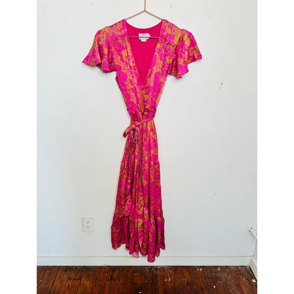 TANYA TAYLOR Women's Pink Orange Floral 100% Silk V-Neck Lisa Wrap Dress size 2 - Picture 5 of 16